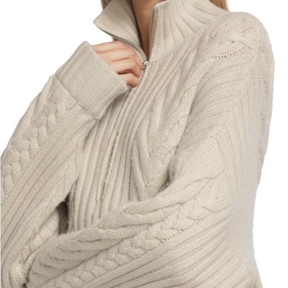 SOLD NAADAM Wool-Cashmere Open-Back Cable Quarter-Zip Taupe Linen Sweater NEW - Picture 3 of 10